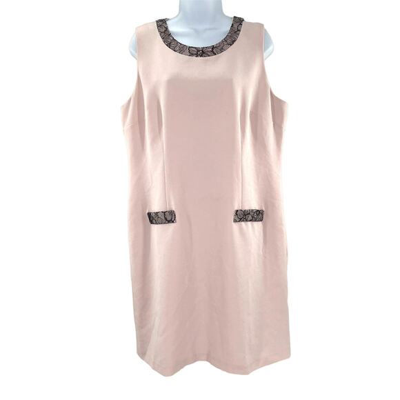 Karl Lagerfeld Paris Pink Sleeveless Navy Lace Trim Classic Career Shift Dress L - Picture 2 of 13